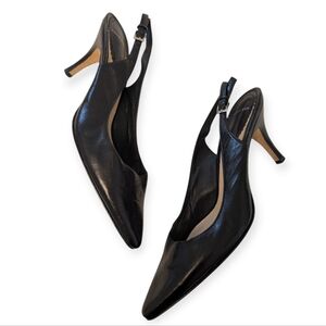 LANDS END Slingback Pumps 8.5M Black Leather Slender Stacked Heels